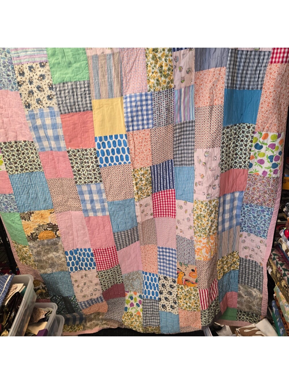 Q32 Vintage Handstitched Patchwork Quilt Multicolor Floral & Gingham Patterns